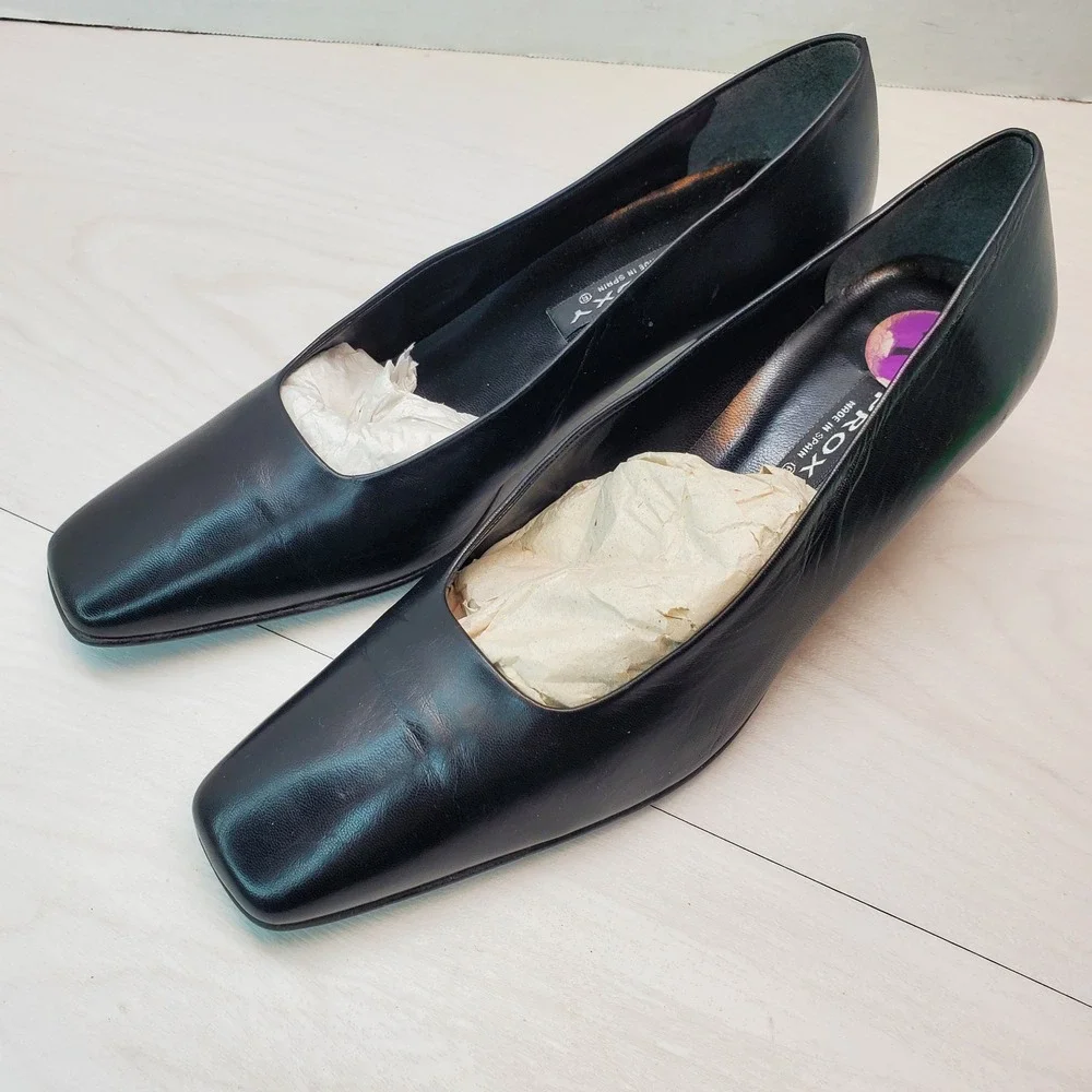 PROXY Black Leather Square Toe Block Heel Pumps Women Size 7.5 Made in Spain